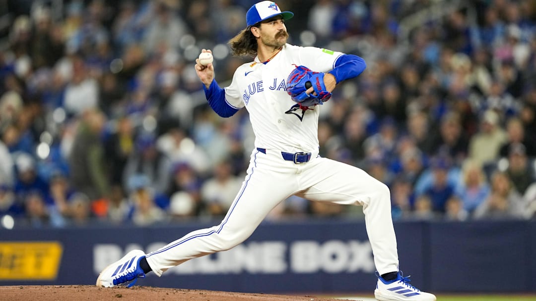 Mar 28, 2026; Toronto, Ontario, CAN;  Toronto Blue Jays pitcher Dylan Cease (84) pitches to the Athletics during the first inning at Rogers Centre. Mandatory Credit: Kevin Sousa-Imagn Images