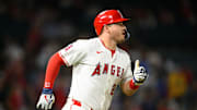 Sep 25, 2025; Anaheim, California, USA; Los Angeles Angels designated hitter Mike Trout (27) watches his home run during the eighth inning against the Kansas City Royals at Angel Stadium. Mandatory Credit: William Liang-Imagn Images