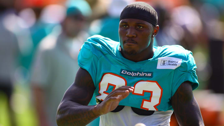 Miami Dolphins wide receiver Malik Washington (83) works out during joint practice with the Washington Commanders at Baptist Health Training Complex.