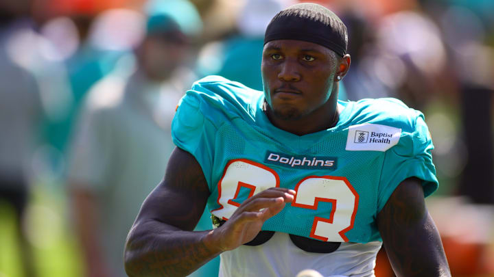 Miami Dolphins wide receiver Malik Washington (83) works out during joint practice with the Washington Commanders at Baptist Health Training Complex.