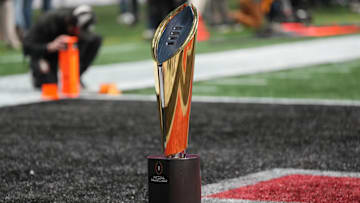 Jan 20, 2025; Atlanta, GA, USA; CFP National Championship trophy on the field before the CFP National Championship college football game between the Notre Dame Fighting Irish and the Ohio State Buckeyes at Mercedes-Benz Stadium. Mandatory Credit: Dale Zanine-Imagn Images