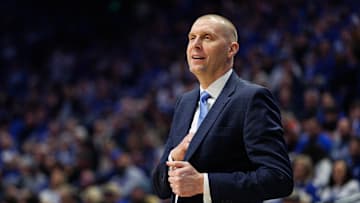 Feb 19, 2025; Lexington, Kentucky, USA; Kentucky Wildcats head coach Mark Pope watches the action during the first half against the Vanderbilt Commodores at Rupp Arena at Central Bank Center. Mandatory Credit: Jordan Prather-Imagn Images