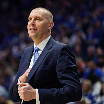 Feb 19, 2025; Lexington, Kentucky, USA; Kentucky Wildcats head coach Mark Pope watches the action during the first half against the Vanderbilt Commodores at Rupp Arena at Central Bank Center. Mandatory Credit: Jordan Prather-Imagn Images