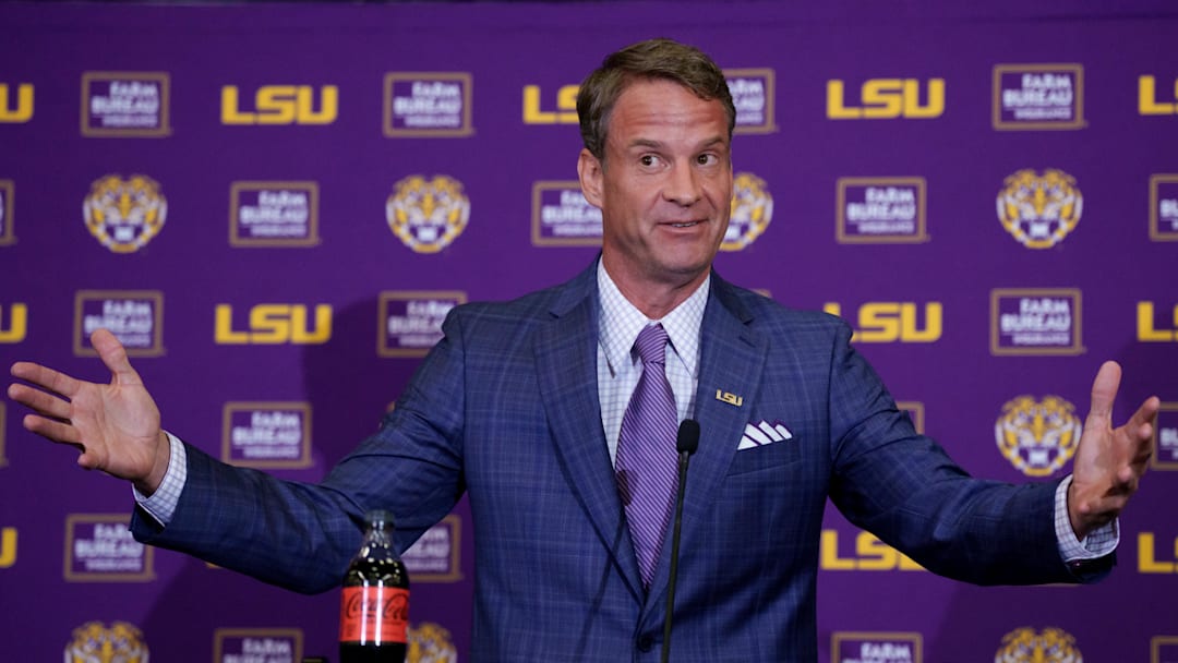 LSU Tigers head coach Lane Kiffin speaks at South Stadium Club at Tiger Stadium. LSU Tigers head coach Lane Kiffin speaks at South Stadium Club at Tiger Stadium.