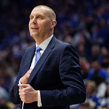 Feb 19, 2025; Lexington, Kentucky, USA; Kentucky Wildcats head coach Mark Pope watches the action during the first half against the Vanderbilt Commodores at Rupp Arena at Central Bank Center. Mandatory Credit: Jordan Prather-Imagn Images