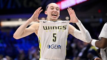 Sep 11, 2025; Arlington, Texas, USA; Dallas Wings guard Paige Bueckers (5) celebrates after the game against the Phoenix Mercury at College Park Center.