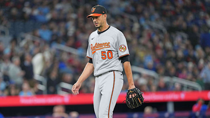 Baltimore Orioles starting pitcher Charlie Morton walks towards the dugout after being relieved during the fourth inning against the Toronto Blue Jays.