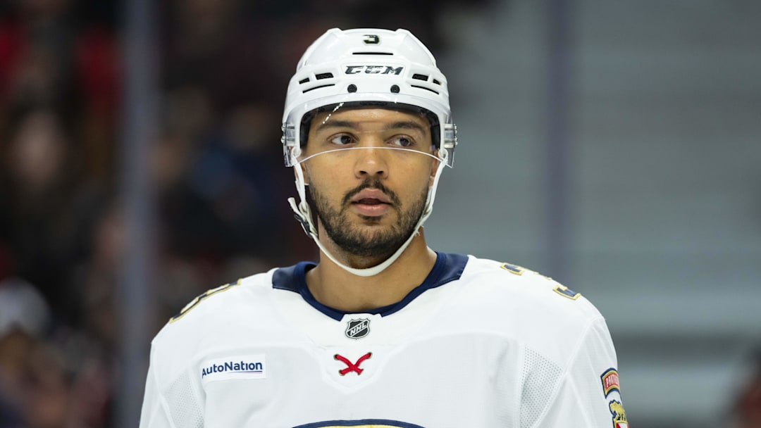 Apr 5, 2025; Ottawa, Ontario, CAN; Florida Panthers defenseman Seth Jones (3) skates in the first period against the Ottawa Senators at the Canadian Tire Centre. Mandatory Credit: Marc DesRosiers-Imagn Images