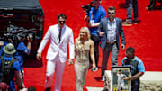  National League pitcher Paul Skenes of the Pittsburgh Pirates walks the red carpet with his girlfriend LSU gymnast Olivia Livvy Dunne.
