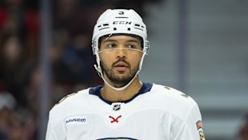 Apr 5, 2025; Ottawa, Ontario, CAN; Florida Panthers defenseman Seth Jones (3) skates in the first period against the Ottawa Senators at the Canadian Tire Centre. Mandatory Credit: Marc DesRosiers-Imagn Images