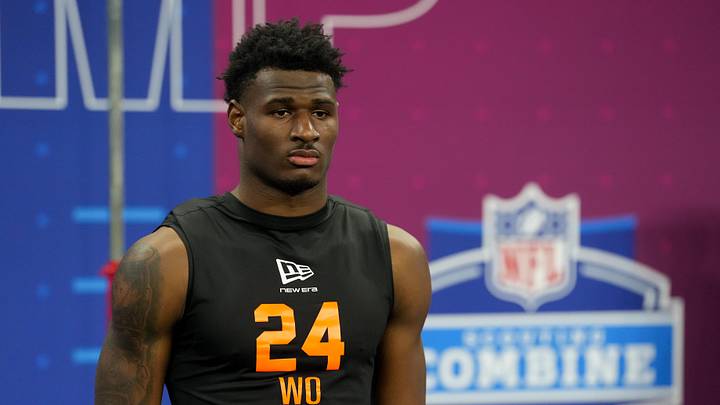 Feb 28, 2026; Indianapolis, IN, USA; Georgia State wideout Ted Hurst (WO24) during the NFL Scouting Combine at Lucas Oil Stadium. Mandatory Credit: Kirby Lee-Imagn Images