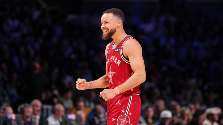 Feb 18, 2024; Indianapolis, Indiana, USA; Western Conference guard Stephen Curry (30) of the Golden State Warriors reacts after a play during the first half of the 73rd NBA All Star game at Gainbridge Fieldhouse. Mandatory Credit: Kyle Terada-USA TODAY Sports