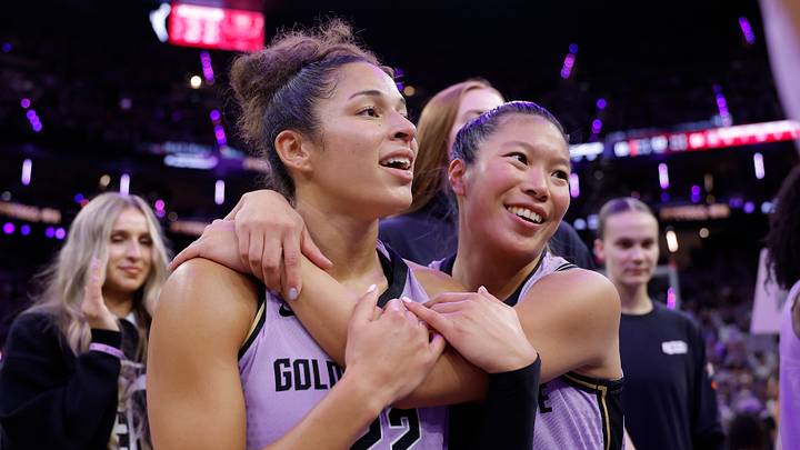 San Francisco, California, USA; Golden State Valkyries guard Veronica Burton (22) and guard Kaitlyn Chen (2) celebrate after winning game one of the 2026 WNBA Finals against the Atlanta Dream at Chase Center on October 17, 2026.
