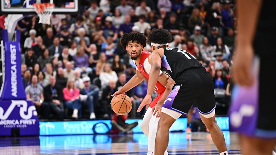 Apr 9, 2025; Salt Lake City, Utah, USA;  Portland Trail Blazers guard Shaedon Sharpe (17) controls the ball while being guarded by Utah Jazz guard Jaden Springer (11) in the second half at Delta Center. Mandatory Credit: Jamie Sabau-Imagn Images