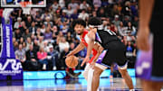 Apr 9, 2025; Salt Lake City, Utah, USA;  Portland Trail Blazers guard Shaedon Sharpe (17) controls the ball while being guarded by Utah Jazz guard Jaden Springer (11) in the second half at Delta Center. Mandatory Credit: Jamie Sabau-Imagn Images