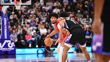Apr 9, 2025; Salt Lake City, Utah, USA;  Portland Trail Blazers guard Shaedon Sharpe (17) controls the ball while being guarded by Utah Jazz guard Jaden Springer (11) in the second half at Delta Center. Mandatory Credit: Jamie Sabau-Imagn Images