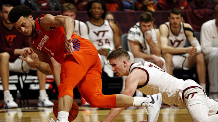 Jan 10, 2024; Blacksburg, Virginia, USA; Clemson Tigers guard Chase Hunter (1) and Virginia Tech