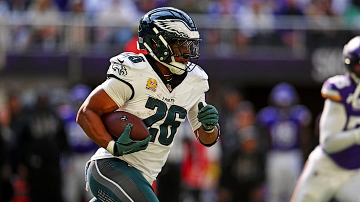 Oct 19, 2025; Minneapolis, Minnesota, USA; Philadelphia Eagles running back Saquon Barkley (26) runs the ball during the second half against the Minnesota Vikings at U.S. Bank Stadium. Mandatory Credit: Jeffrey Becker-Imagn Images