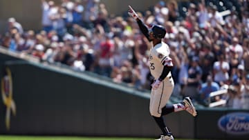 Minnesota Twins center fielder Byron Buxton (25) reacts to hitting a solo home run during the second inning against the Cleveland Guardians at Target Field in Minneapolis on Aug. 11, 2024.