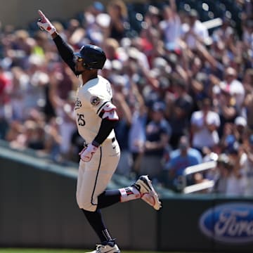 Minnesota Twins center fielder Byron Buxton (25) reacts to hitting a solo home run during the second inning against the Cleveland Guardians at Target Field in Minneapolis on Aug. 11, 2024.