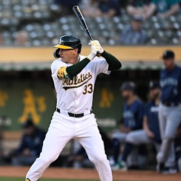 Oakland Athletics outfielder JJ Bleday (33) prepares to bat against the Seattle Mariners in the first inning at Oakland-Alameda County Coliseum on Sept 4.