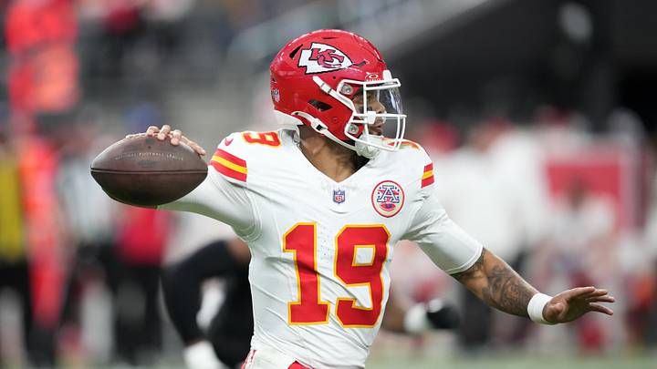Jan 4, 2026; Paradise, Nevada, USA; Kansas City Chiefs quarterback Chris Oladokun (19) throws the ball against the Las Vegas Raiders in the first half at Allegiant Stadium. Mandatory Credit: Kirby Lee-Imagn Images