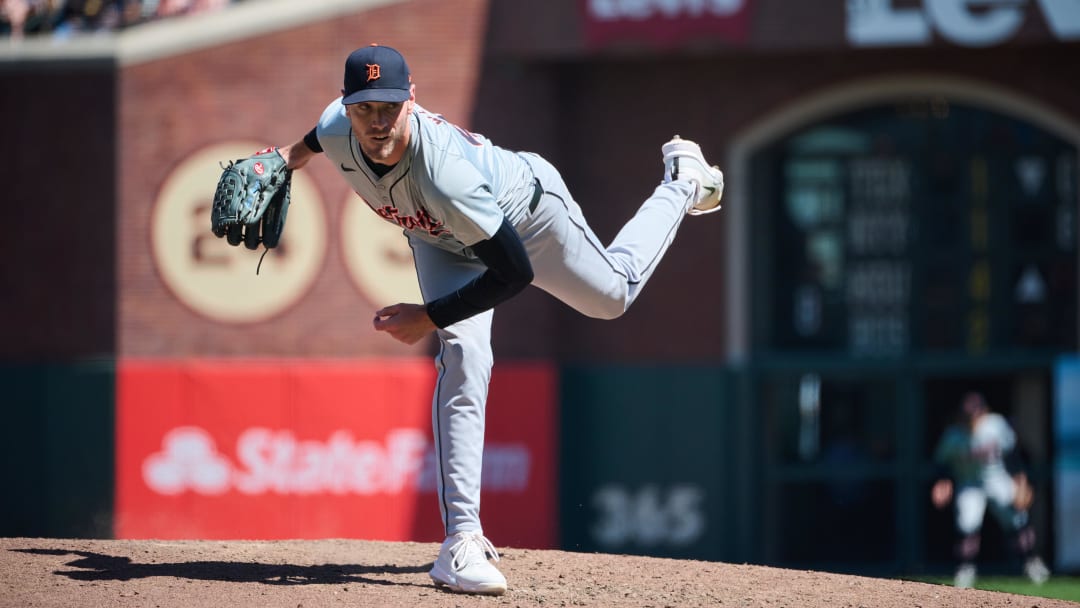 Aug 10, 2024; San Francisco, California, USA; Detroit Tigers pitcher Joey Wentz (43) throws a pitch against the San Francisco Giants during the eighth inning at Oracle Park. Mandatory Credit: Robert Edwards-USA TODAY Sports