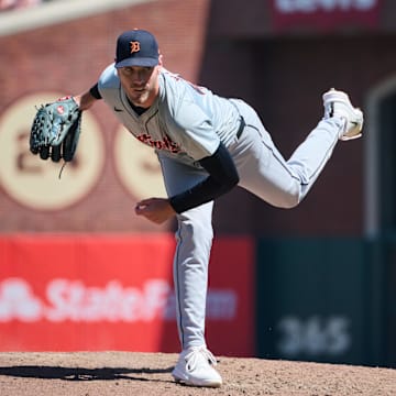 Aug 10, 2024; San Francisco, California, USA; Detroit Tigers pitcher Joey Wentz (43) throws a pitch against the San Francisco Giants during the eighth inning at Oracle Park. Mandatory Credit: Robert Edwards-USA TODAY Sports