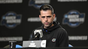 Mar 26, 2025; San Francisco, CA, USA; Florida Gators head coach Todd Golden addresses the media in a press conference during NCAA Tournament West Regional Practice at Chase Center. Mandatory Credit: Eakin Howard-Imagn Images