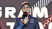 Oct 19, 2024; Austin, Texas, USA; Oracle Red Bull Racing driver Sergio Perez (11) of Team Mexico speaks to the crowd during a fan forum before the Sprint Race in the 2024 Formula One US Grand Prix at Circuit of the Americas. Mandatory Credit: Jerome Miron-Imagn Images