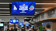 A sign for the MLB Tokyo Series between the Los Angeles Dodgers and Chicago Cubs. 