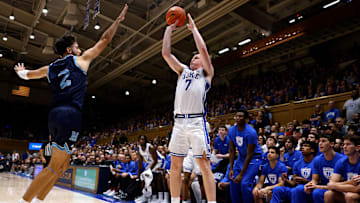 Maine v Duke; Duke basketball guard Kon Knueppel shoots a 3-pointer against Maine