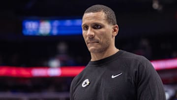 Oct 26, 2024; Detroit, Michigan, USA; Boston Celtics head coach Joe Mazzulla walks off the court after defeating the Detroit Pistons at Little Caesars Arena. Mandatory Credit: David Reginek-Imagn Images