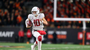 Nov 23, 2024; Corvallis, Oregon, USA; Washington State Cougars quarterback John Mateer (10) runs the ball during the fourth quarter against the Oregon State Beavers at Reser Stadium. Mandatory Credit: Craig Strobeck-Imagn Images
