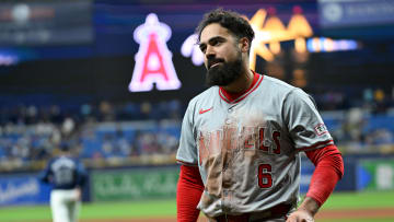 Apr 17, 2024; St. Petersburg, Florida, USA; Los Angeles Angels third baseman Anthony Rendon (6) reacts after scoring a run in the ninth inning against the Tampa Bay Rays  at Tropicana Field. Mandatory Credit: Jonathan Dyer-USA TODAY Sports