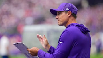 Aug 9, 2025; Minneapolis, Minnesota, USA; Minnesota Vikings head coach Kevin O'Connell claps to the crowd before the game against the Houston Texans at U.S. Bank Stadium. Mandatory Credit: Brad Rempel-Imagn Images