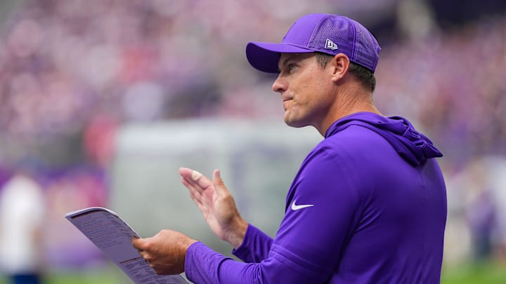 Aug 9, 2025; Minneapolis, Minnesota, USA; Minnesota Vikings head coach Kevin O'Connell claps to the crowd before the game against the Houston Texans at U.S. Bank Stadium. Mandatory Credit: Brad Rempel-Imagn Images