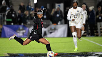 Dec 6, 2024; Cary, NC, USA; Stanford defender Nya Harrison (23) clears the ball in the second half at WakeMed Soccer Park. Mandatory Credit: Bob Donnan-Imagn Images