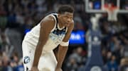 Dec 29, 2024; Minneapolis, Minnesota, USA; Minnesota Timberwolves guard Anthony Edwards (5) looks on against the San Antonio Spurs in the second half at Target Center. Mandatory Credit: Jesse Johnson-Imagn Images