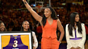 Jun 29, 2025; Los Angeles, California, USA; Former Los Angeles Sparks Candace Parker acknowledges the crowd during a  jersey retirement ceremony at halftime at Crypto.com Arena. Mandatory Credit: Jayne Kamin-Oncea-Imagn Images