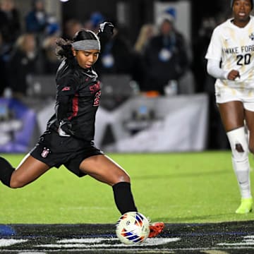 Dec 6, 2024; Cary, NC, USA; Stanford defender Nya Harrison (23) clears the ball in the second half at WakeMed Soccer Park. Mandatory Credit: Bob Donnan-Imagn Images