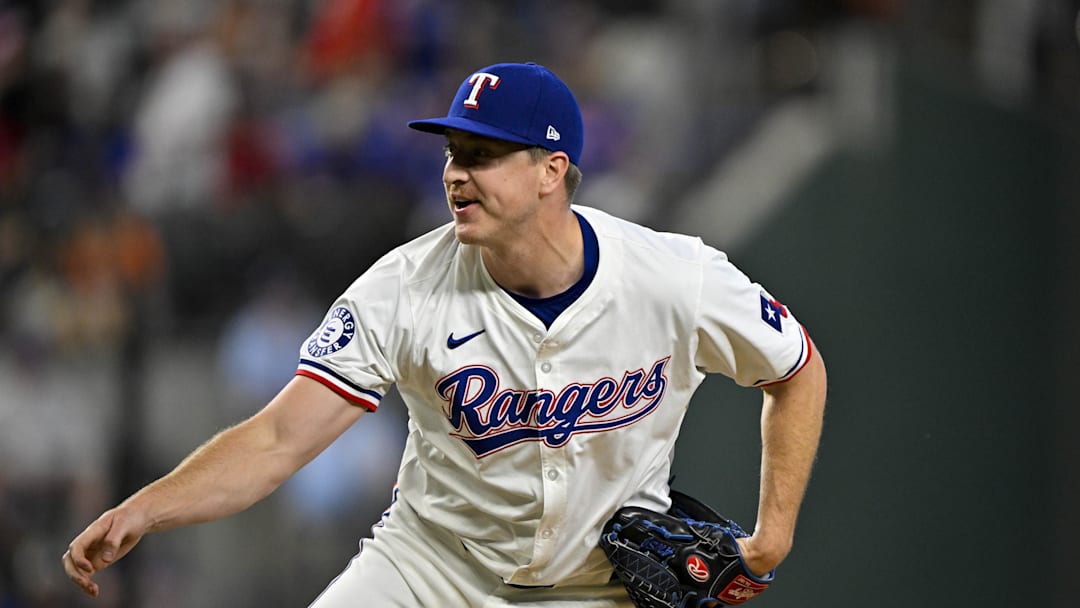 Aug 7, 2024; Arlington, Texas, USA; Texas Rangers relief pitcher Josh Sborz (66) in action during the game between the Texas Rangers and the Houston Astros at Globe Life Field. Mandatory Credit: Jerome Miron-Imagn Images