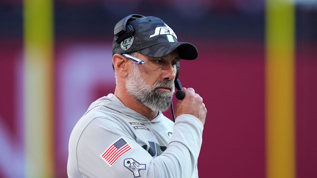 Nov 10, 2024; Glendale, Arizona, USA; New York Jets head coach Jeff Ulbrich looks on against the Arizona Cardinals during the first half at State Farm Stadium. 