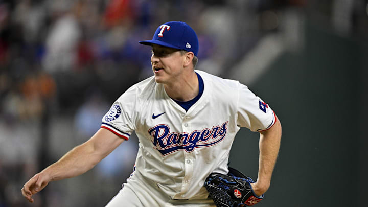 Aug 7, 2024; Arlington, Texas, USA; Texas Rangers relief pitcher Josh Sborz (66) in action during the game between the Texas Rangers and the Houston Astros at Globe Life Field. Mandatory Credit: Jerome Miron-Imagn Images