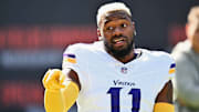 Minnesota Vikings cornerback NaJee Thompson warms up before a game against the Chicago Bears at Soldier Field in Chicago on Oct. 15, 2023.