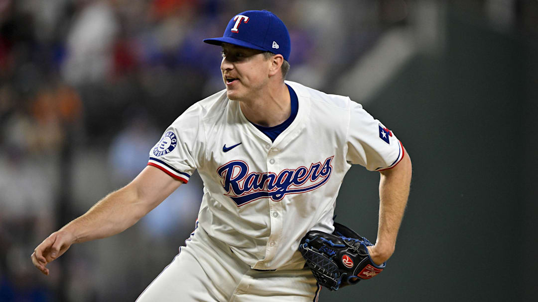 Aug 7, 2024; Arlington, Texas, USA; Texas Rangers relief pitcher Josh Sborz (66) in action during the game between the Texas Rangers and the Houston Astros at Globe Life Field. Mandatory Credit: Jerome Miron-Imagn Images