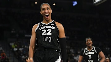 Aug 8, 2025; Las Vegas, Nevada, USA; Las Vegas Aces center A'ja Wilson (22) reacts after scoring against the Seattle Storm during the first half of a WNBA basketball game at Michelob Ultra Arena. 