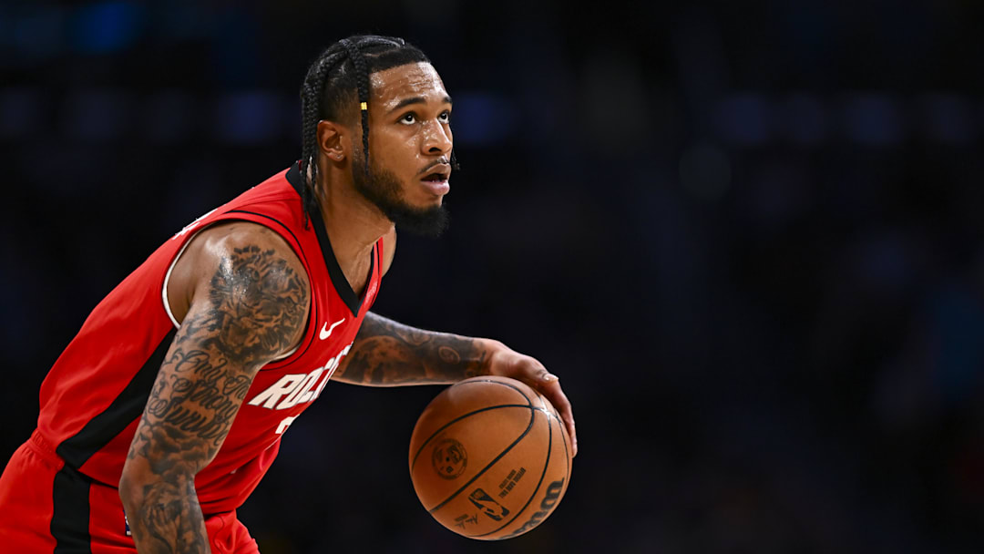 Houston Rockets forward Cam Whitmore looks to shoot against the Los Angeles Lakers.
