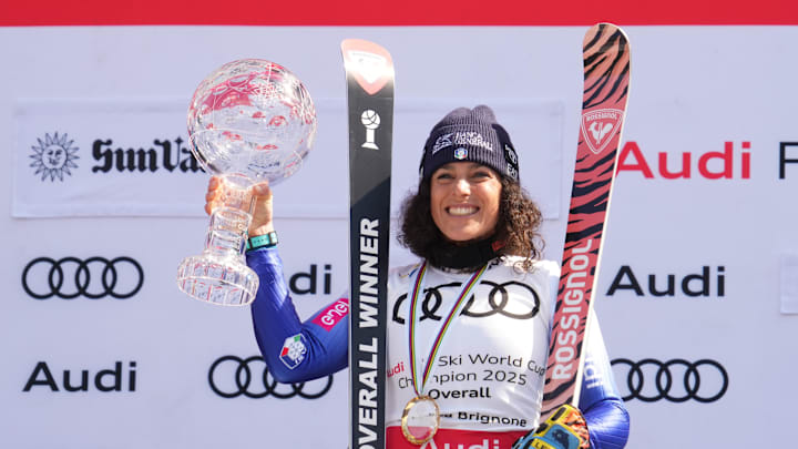 Mar 27, 2025; Sun Valley, ID, USA; World Cup overall champion Federica Brignone of Italy celebrates with the crystal globe after the 2025 FIS Ski World Cup at Sun Valley. Mandatory Credit: Michael Madrid-Imagn Images