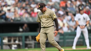 Sep 21, 2025; Chicago, Illinois, USA; San Diego Padres pitcher Adrian Morejon (50) reacts after striking out Chicago White Sox outfielder Michael A. Taylor (not pictured) during the sixth inning at Rate Field. Mandatory Credit: Patrick Gorski-Imagn Images